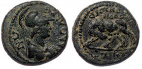 PHRYGIA, Laodicea ad Lycum, AE15 times of Domitian magistrate Kornelios Dioskourides 
ΛΑΟΔΙΚƐΩΝ - helmeted and draped bust of Roma (Athena?), right
Re...