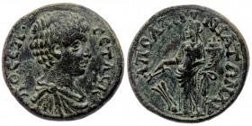PISIDIA. APOLLONIA MORDIAION. Geta, 198-211. AE
ΠΟ ΣΕΠ ΓΕΤΑΣ Κ - Bareheaded and draped bust of Geta to right
Rev: ΑΠΟΛΛΟΝΙΑ-ΤΩΝ ΛΥ - Tyche-Fortuna s...