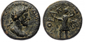 CILICIA, Coracesium, Marcus Aurelius (161-180) AE17	
[ΑVΤΟ(Κ) ΚΑΙ(Ϲ)] ΑΝ[ΤΩИƐΙ] -0 laureate-headed bust of Marcus Aurelius with traces of drapery, rig...