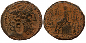 SELEUCIS & PIERIA. Antioch. AE (63-28 BC).
Laureate head of Zeus right./female head (Cleopatra VII?) right within oval incuse
Rev: Zeus seated left on...