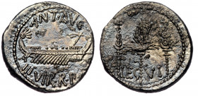 Marcus Antonius AR Denarius, mint moving with M. Antony 32-31, 
ANT AVG – III·VIR·R·P·C Galley right, with sceptre tied with fillet on prow. 
Rev. LEG...