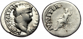 Nero (54-68) AR Denarius, Rome, ca 64-65. 
NERO CAESAR AVGVSTVS - laureate head right 
Rev: IVPPITER CVSTOS - Jupiter, naked to the waist, cloak aroun...
