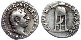 Vitellius 69 AD. Rome AR Denarius
A VITELLIVS GERM IMP AVG TR P,/ laureate head right.
Rev: XV VIR SACR FAC, /tripod-lebes surmounted by dolphin right...