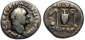 Vespasian (69-79) AR Denarius, Rome, 72-73
IMP CAES VESP AVG P M COS IIII - Laureate head right 
Rev: AVGVR / TRI POT around priestly implements. 
C 4...