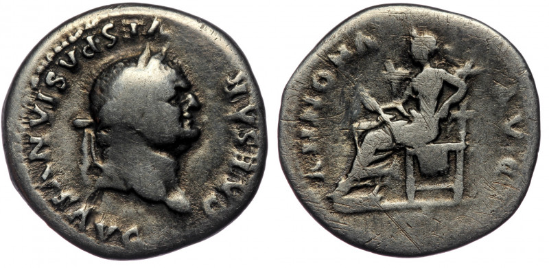 Vespasian (69-79) AR Denarius, Rome, 77-78
CAESAR VESPASIANVS AVG - Laureate hea...