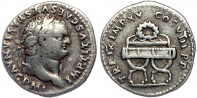 Titus AR Denarius. Rome, January-June 80 AD. 
IMP TITVS CAES VESPASIAN AVG P M, laureate bust right
Rev: TR P IX IMP XV COS VIII P P, wreath on curule...