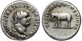 TITUS (79-81). Denarius. Rome. AR
Obv: IMP TITVS CAES VESPASIAN AVG P M./ Laureate head right.
Rev: TR P IX IMP XV COS VIII P P./Elephant advancing le...