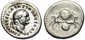 Divus Vespasian (died 79) AR Denarius, Rome, under Titus, AD 80/1
DIVVS AVGVSTVS VESPASIANVS - laureate head of Vespasian right. 
Rev: Foreparts of tw...