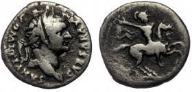 Domitian (Caesar, 69-81) AR Denarius, Rome, 77-78
CAESAR AVG F DOMITIANVS - laureate head right 
Rev: COS V - Soldier on horseback rearing right, rais...