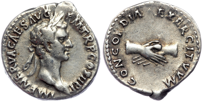Nerva AR Denarius. Rome, AD 97. 
IMP NERVA CAES [AVG P] M TR P COS III P P, laur...