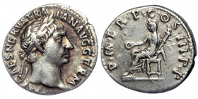 Trajan AR Denarius. Rome, AD 98-99. 
IMP CAES NERVA TRAIAN AVG GERM,/ laureate head to right.
Rev: P M TR P COS II P P,/ Vesta, veiled and seated to l...