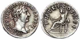 Trajan AR Denarius. Rome, AD 98-99. 
IMP CAES NERVA TRAIAN AVG GERM,/ laureate head to right.
Rev: P M TR P COS II P P,/ Vesta, veiled and seated to l...