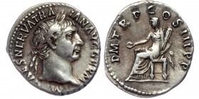 Trajan AR Denarius. Rome, AD 98-99.
IMP CAES NERVA TRAIAN AVG GERM,/ laureate head to right.
Rev: P M TR P COS II P P,/ Vesta, veiled and seated to ...