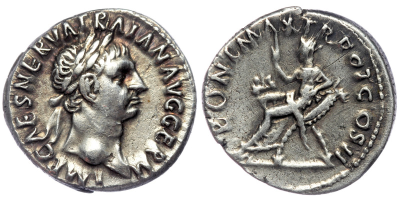 Trajan AD 98-117. Rome Denarius AR
IMP CAES NERVA TRAIAN AVG GERM,/ laureate hea...