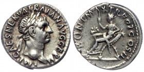 Trajan AD 98-117. Rome Denarius AR
IMP CAES NERVA TRAIAN AVG GERM,/ laureate head right 
Rev: PONT MAX TR POT COS II, /Abundantia seated left on chair...