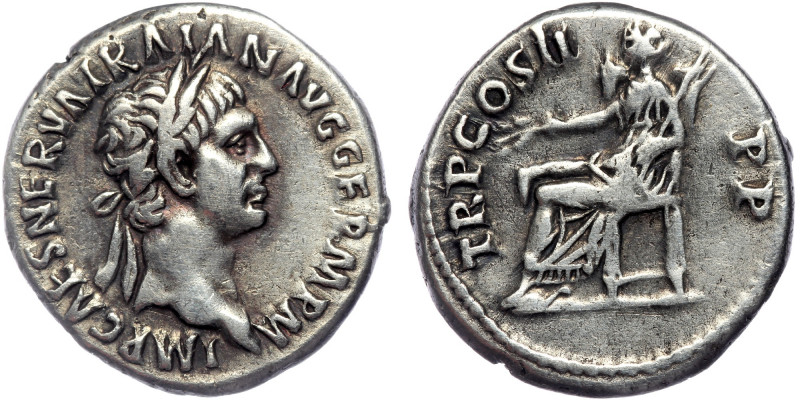 Trajan AD 98-117. Rome.Denarius AR
IMP CAES NERVA TRAIAN AVG GERM P M, laureate ...