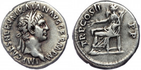 Trajan AD 98-117. Rome.Denarius AR
IMP CAES NERVA TRAIAN AVG GERM P M, laureate head right.
Rev: TR P COS II P P, / Pax seated left on throne, holding...