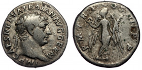 Trajan (98-117). AR Denarius, Rome, 102. 
IMP CAES NERVA TRAIAN AVG GERM - Laureate head of Trajan to right 
Rev: P M TR P COS IIII P P - Victory stan...