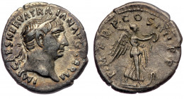 Trajan (98-117) AR Denarius, Rome, 101/2. 
IMP CAES NERVA TRA-IAN AVG GERM - laureate head of Trajan right. 
Rev: P M TR P COS IIII P P - Victory stan...