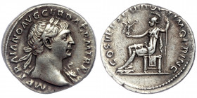 Trajan (98-117) AR Denarius
IMP TRAIANO AVG GER DAC P M TR P - laureate head of Trajan to right, drapery on left shoulder
Rev: COS V P P S P Q R OPTIM...