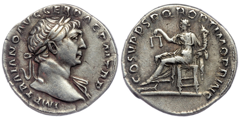 Trajan AD 103-111 AR Denarius. Rome.
IMP TRAIANO AVG GER DAC P M TR P, laureate ...