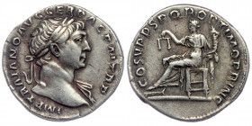 Trajan AD 103-111 AR Denarius. Rome.
IMP TRAIANO AVG GER DAC P M TR P, laureate bust to right, drapery over far shoulder.
Rev: COS V P P S P Q R OPTIM...