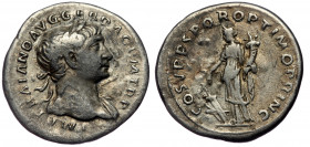 Trajan (98-117) AR denarius, Rome, 107-108 
IMP TRAIANO AVG GER DAC P M TR P - laureate bust of Trajan right, drapery on left shoulder 
Rev: COS V P P...