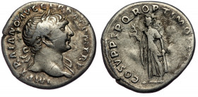 Trajan (98-117) AR denarius, Rome, 103-111 
IMP TRAIANO AVG GER DAC P M TR P - laureate head right, slight drapery on far shoulder 
Rev: COS V P P S P...
