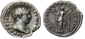 Trajan (98-117) AR Denarius, Rome,. 107 
IMP TRAIANO AVG GER DAC P M TR P - Bust laureate right, fold of cloak on front shoulder and behind neck. 
Rev...