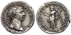 Trajan (AD 98-117). AR Denarius. Rome, 
IMP TRAIANO AVG GER DAC P M TR P, laureate head of Trajan right.
Rev: COS V P P S P Q R OPTIMO PRINC, Victory ...