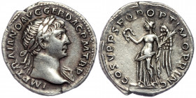 Trajan (AD 98-117). AR Denarius. Rome, AD 103-111.
IMP TRAIANO AVG GER DAC P M TR P, laureate head of Trajan right.
Rev: COS V P P S P Q R OPTIMO PRIN...