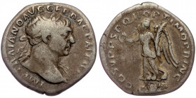 Trajan (98-117) AR Denarius, Rome, ca 108-109. 
IMP TRAIANO AVG GER DAC P M TR P - Laureate head of Trajan to right, with slight drapery on his left s...