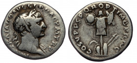 Trajan (98-117) AR Denarius, Roma 107-108
IMP TRAIANO ΛVG GER DΛC P M TR P - Laureate bust right, with drapery on left shoulder. Rev: COS V P P S P Q ...
