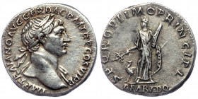 Trajan (98-117) AR Denarius Rome AD 115.
IMP TRAIANVS AVG GER DAC P M TR P COS VI P P - Laureate, draped and cuirassed bust of Trajan to right, seen f...