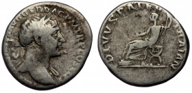 Trajan (98-117) AR Denarius, Rome, 112-114 
IMP TRAIANVS AVG GER DAC P M TR P COS VI P P - laureate bust right, drapery on far shoulder 
Rev: DIVVS PA...
