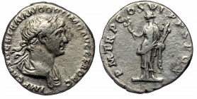 Trajan (98-117) AR denarius, Rome, 116 
IMP CAES NER TRAIAN OPTIM AVG GERM DAC - laureate and draped bust of Trajan right 
Rev: P M TR P COS VI P P SP...