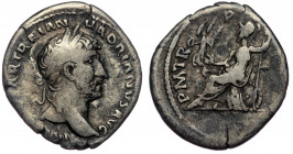 Hadrian (117-138) AR denarius, Rome, 119-122. 
IMP CAESAR TRAIAN H-ADRIANVS AVG - laureate bust of Hadrian right, drapery on left shoulder 
Rev: PM TR...