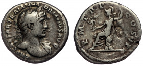 Hadrian (117-138) AR denarius, Rome, 119-122. 
IMP CAESAR TRAIAN H-ADRIANVS AVG - laureate bust of Hadrian right, drapery on left shoulder 
Rev: PM TR...
