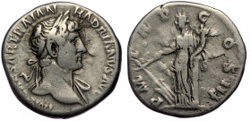Hadrian (117-138) AR denarius, Rome, 119-125 
IMP CAESAR TRAIAN HADRIANVS AVG - laureate bust of Hadrian right, slight drapery on far shoulder 
Rev: P...