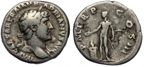 Hadrian (117-138) AR denarius, Rome 119-122 
IMP CAESAR TRAIAN HADRIANVS AVG - laureate bust right, slight drapery on far shoulder 
Rev: P M TR P COS ...