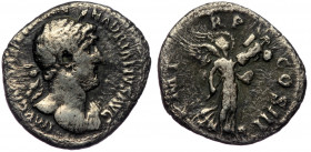 Hadrian (117-138) AR Denarius. Rome, AD 119-122. 
IMP CAESAR TRAIAN HADRIANVS AVG - laureate bust right, drapery on far shoulder 
P M TR P COS III - V...