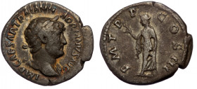 Hadrian (117-138) AR Denarius, Rome, 124-128 
HADRIANVS AVGVSTVS - laureate bust right, slight drapery 
Rev: COS III - Spes advancing left, holding fl...