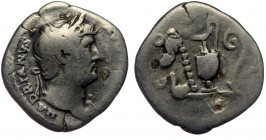 Hadrian (117-138) AR Denarius, Rome, 126-7 
HADRIANVS AVGVSTVS - Bust laureate right with fold of cloak on front shoulder 
Rev: COS III - Sacrificial ...
