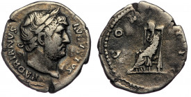 Hadrian (117-138) AR Denarius, Rome, 128-132 
HADRIANVS AVGVSTVS P P - Laureate bust right, with drapery on left shoulder 
Rev: COS III - Pudicitia ve...