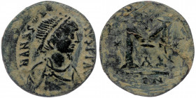 ANASTASIUS I (491-518) AE23 reduced Follis, Constantinople, ca 498-507 
DN ANASTASIVS P P AVG - diademed, bearded (?) draped, and cuirassed bust right...