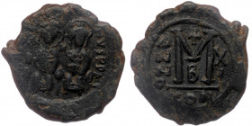 Justin II 565-578 AD, AE follis, Constantinople Mint, 575/576 AD
Justin II, on left, and Sophia, on right, seated facing on double throne, both nimbat...