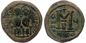 Justin II with Sophia, 565 - 578 AD AE Follis. Nicomedia
D N IVSTINVS PP V, Justin and Sophia seated facing side by side on double throne.
Rev: Large ...