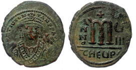 Tiberius II Constantine (578-582) AE30 Follis, Theoupolis (Antioch, Dated RY 8 (581/2). Crowned facing bust, wearing consular robes, holding mappa and...