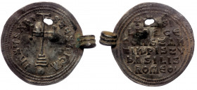 Basil I the Macedonian (AD 867-886), with Constantine AR miliaresion, Constantinople, AD 868-879, holed, suspension loop attached, turned into pendant...