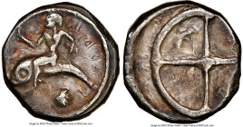 CALABRIA. Tarentum. Ca. 480-450 BC. AR didrachm (16mm, 7.69 gm). NGC Choice VF 4/5 - 2/5, marks. TAPAS (retrograde), Taras astride dolphin left, right...